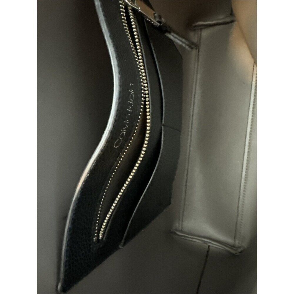 Calvin Klein Tote Bag Handbag Black Faux Leather Inside Pockets with Sash 13x17" - Picture 6 of 11